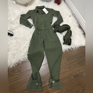 Zara army green denim jumpsuit